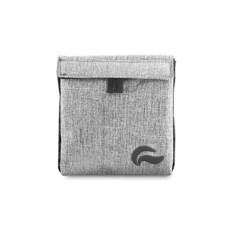 Gray smell-proof storage pouch with black logo and secure velcro closure, isolated on white