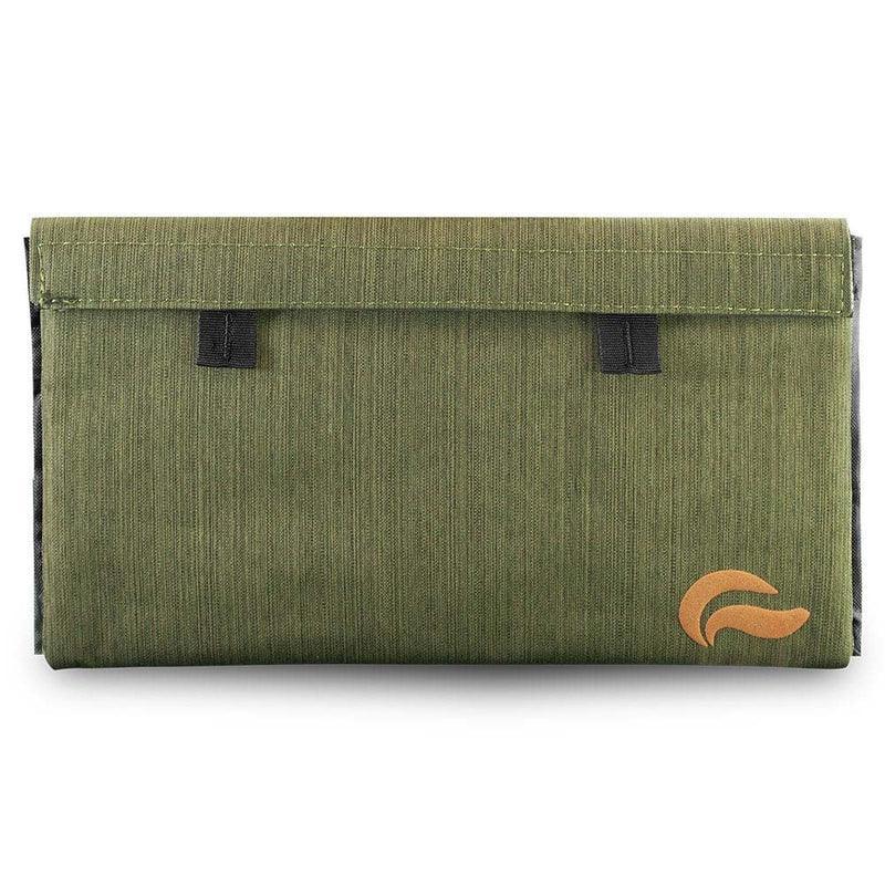 Olive green smell-proof pouch with flap closure and small orange logo front