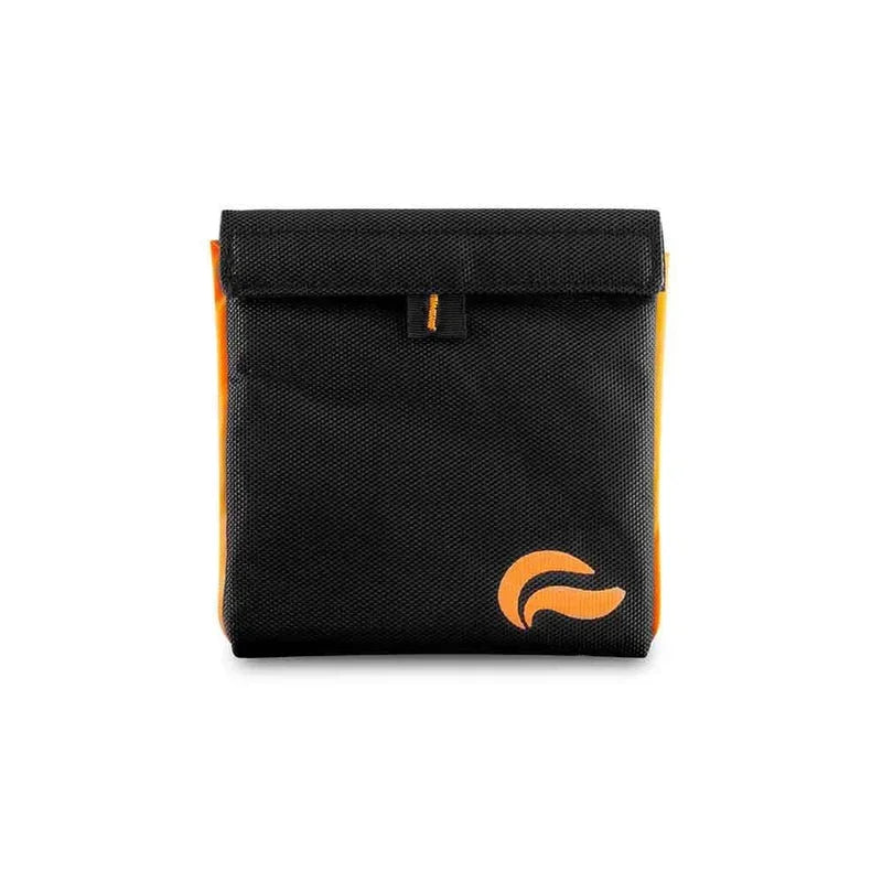 Black smell-proof pouch with orange trim and logo, odor control travel bag