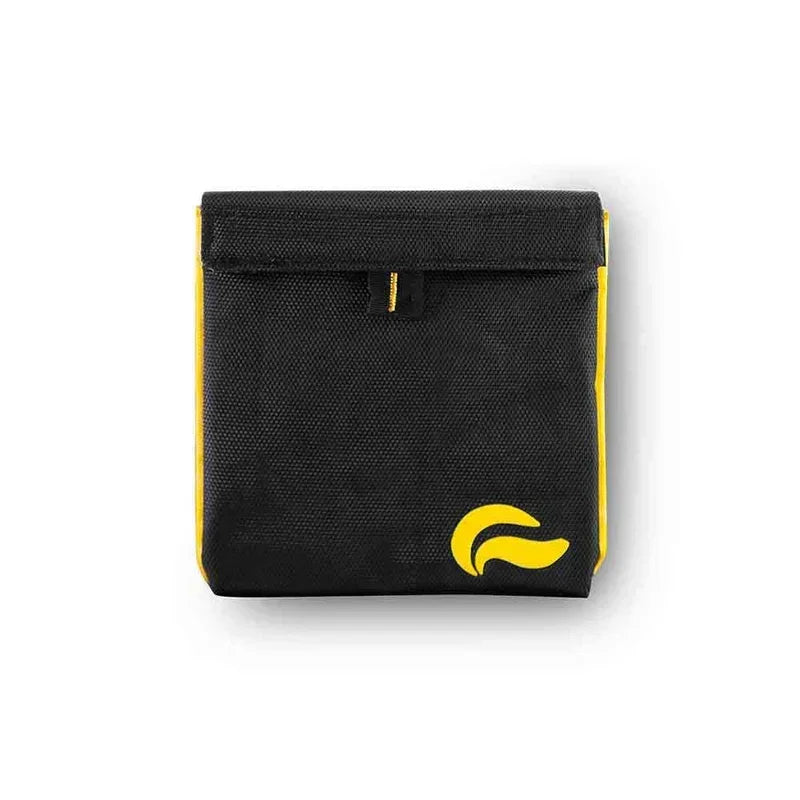 Black and yellow odor-proof storage pouch with yellow accent and logo on front