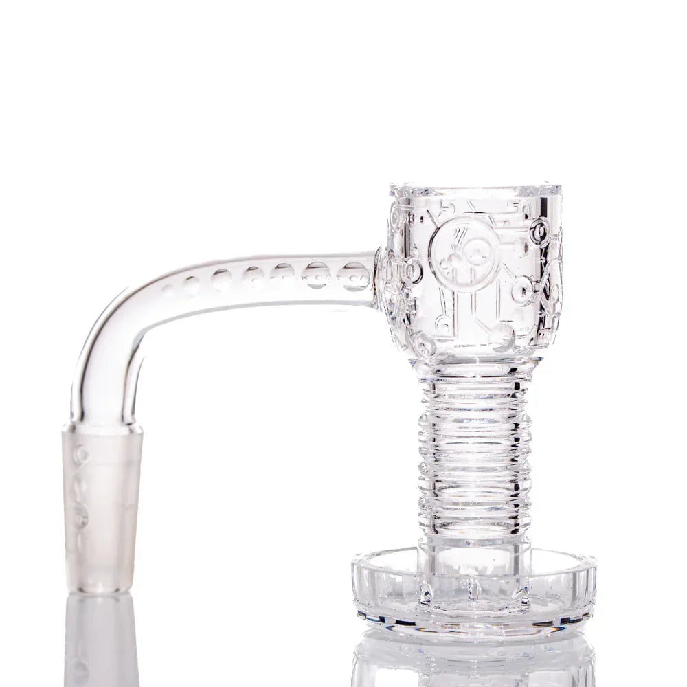 Clear glass banger with etched circuitry design for dab rigs, side view on white background