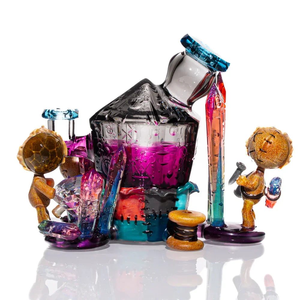 Colorful heady glass water pipe with crystal accents and sculpted miner figures, artistic style