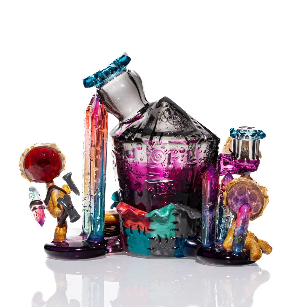 Colorful scientific glass dab rig with astronaut and crystal accents, heady glass art piece