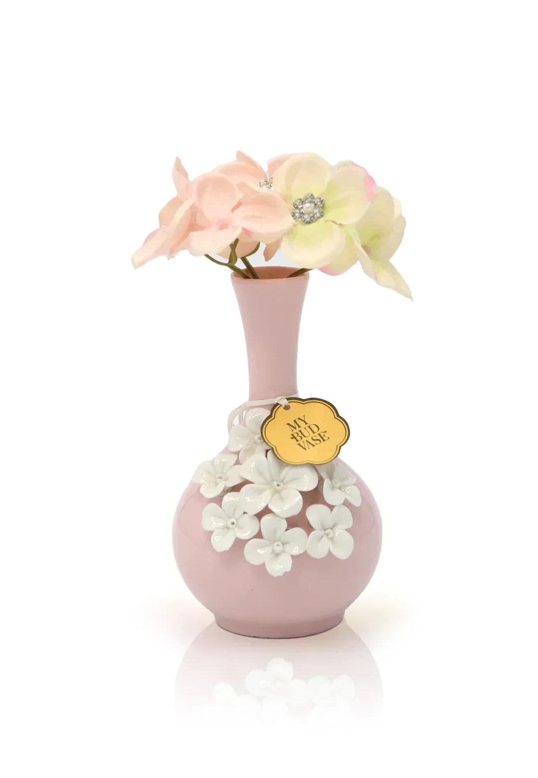 Pink ceramic vase with white flower accents and pastel artificial flowers, labeled 'My Bud Vase'.