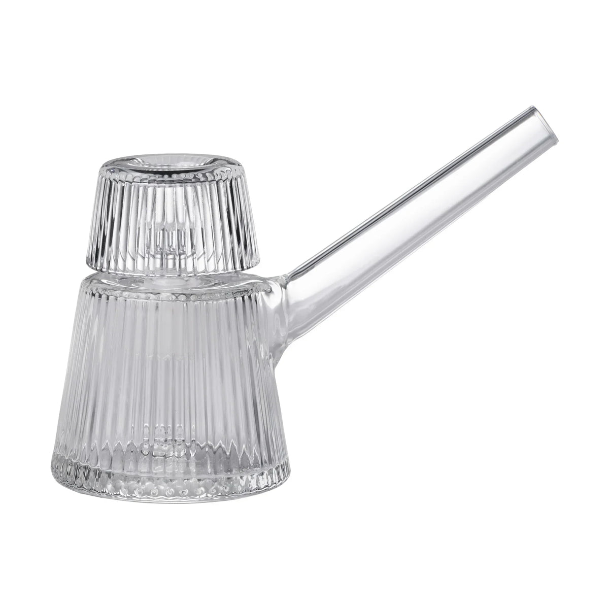 Clear glass ribbed bubbler pipe with modern design on white background