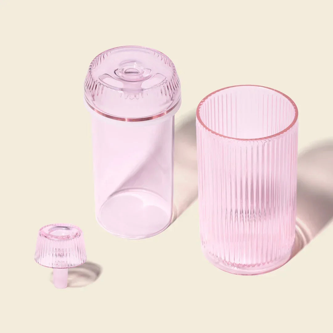 Pink glass gravity bong with ribbed texture, three-piece home décor smoking accessory set
