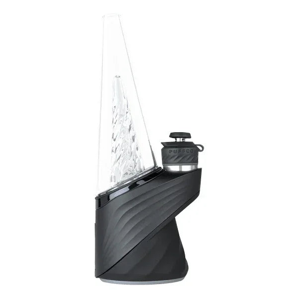 Modern Puffco Peak Pro vaporizer with clear glass cone and matte black base on white background
