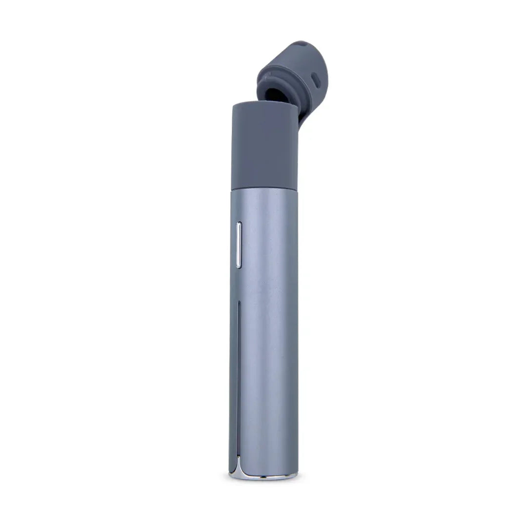Sleek gray vaporizer pen with angled mouthpiece on white background