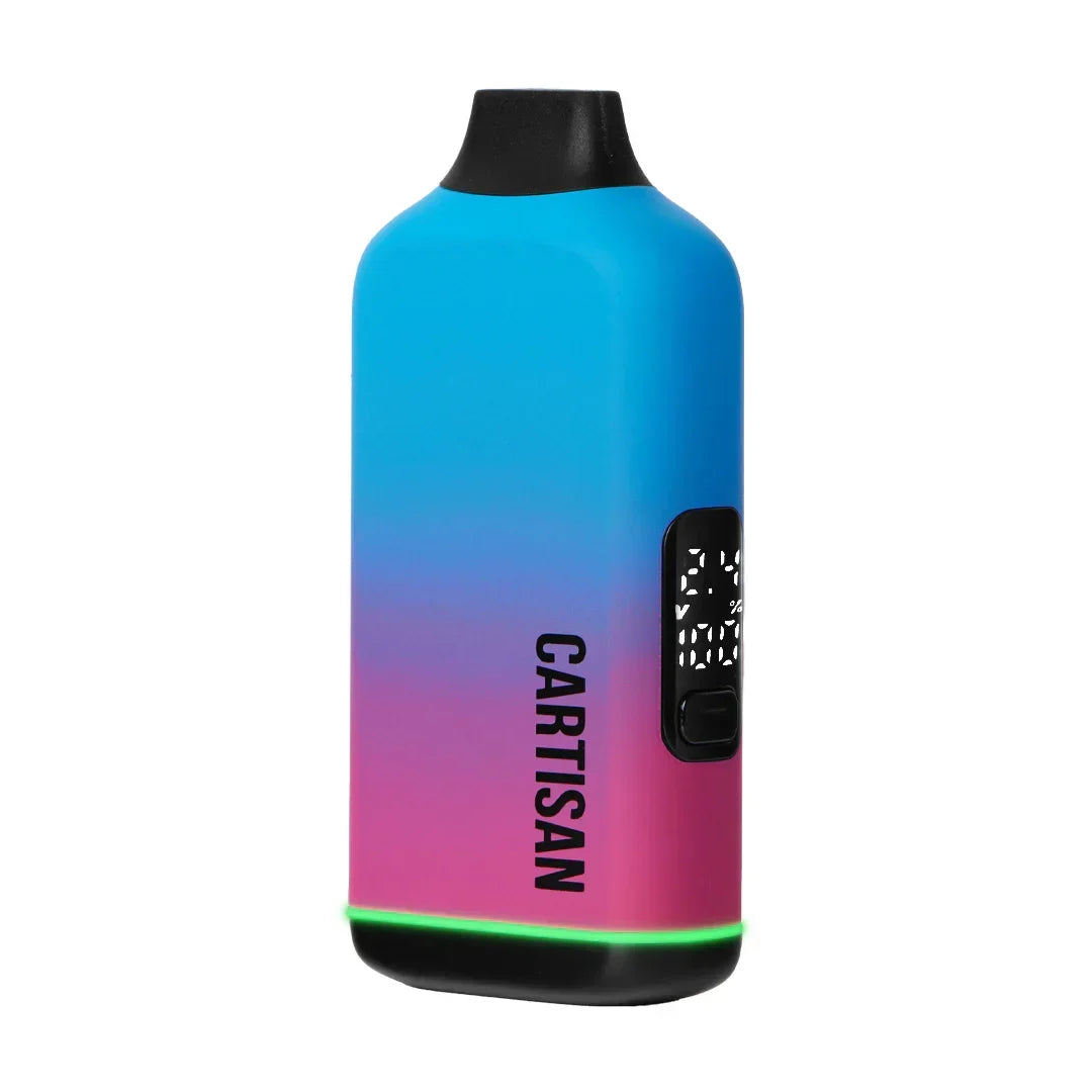 Cartisan vaporizer with pink and blue gradient, digital display, and green LED base