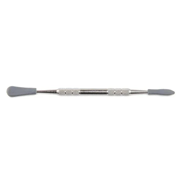 Non-stick stainless steel dabber tool with grey silicone tips on white background