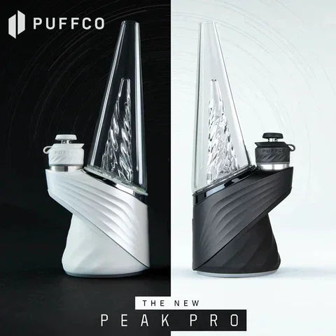 Two Puffco Peak Pro vaporizers in white and black, with modern glass design, side by side.