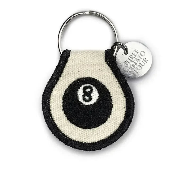 Embroidered 8 ball patch keychain with metal ring and small engraved round tag