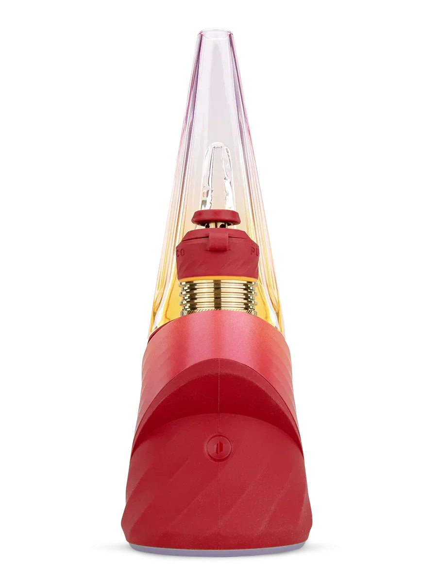 Red and gold Puffco Peak Pro Daybreak vaporizer with clear glass cone, front view
