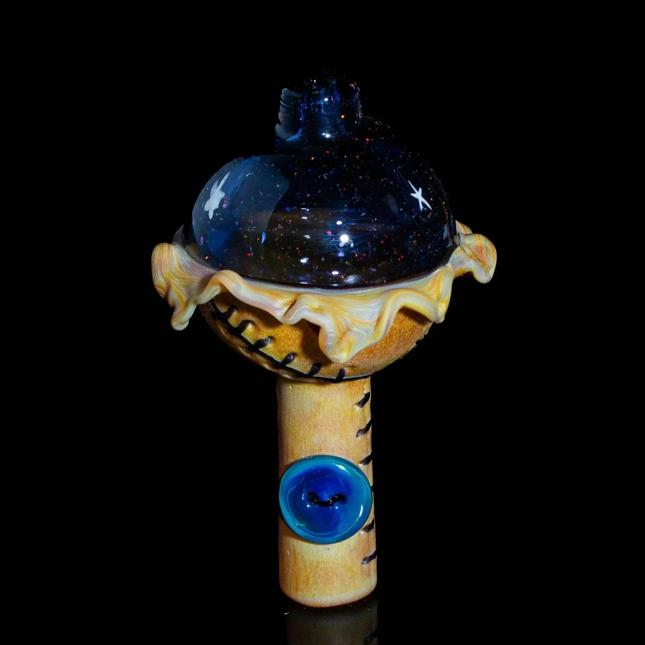 Artisan glass pipe with galaxy-themed bowl, decorative ruffled rim, and blue accent button