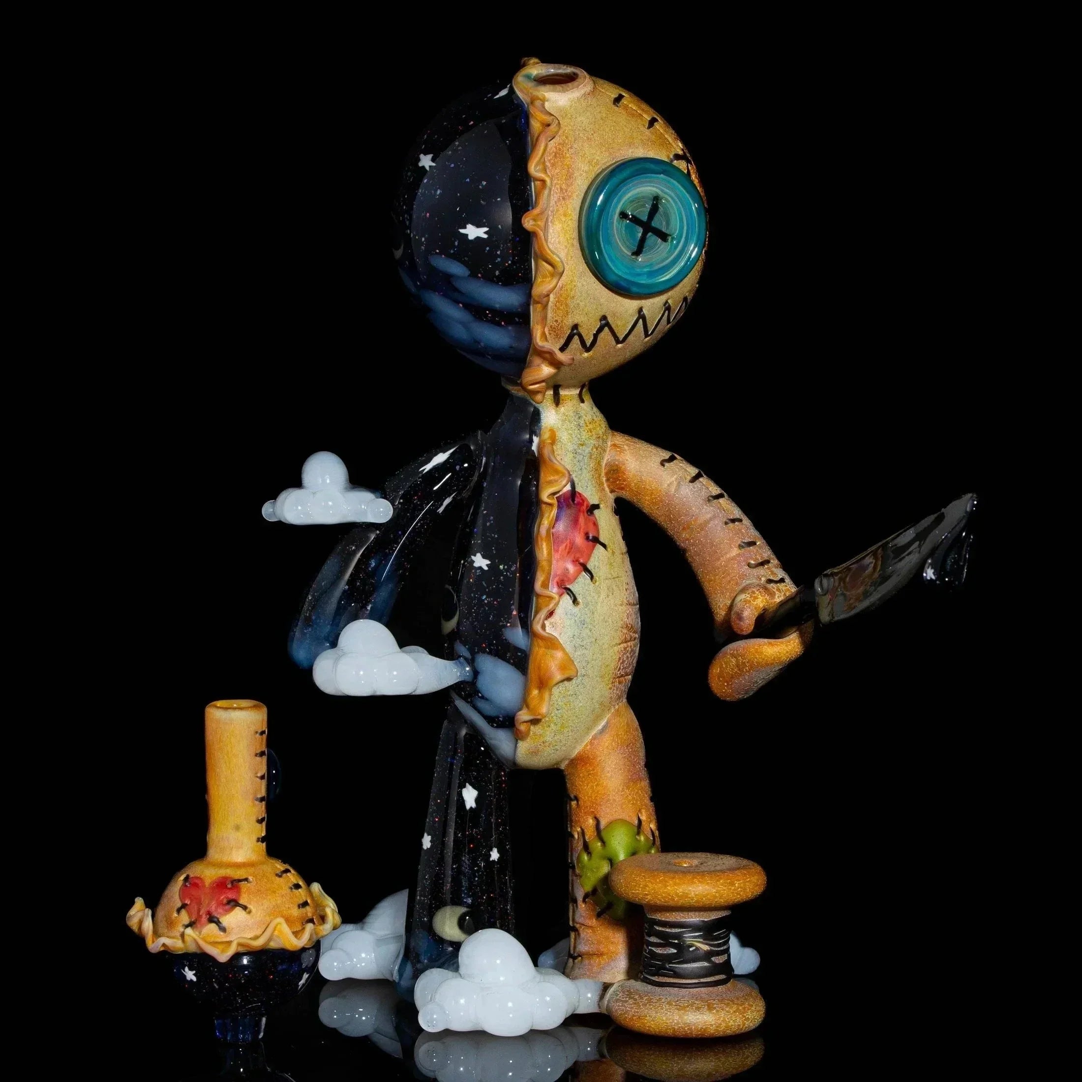 Heady glass art figurine with stitched doll design, galaxy details, clouds, and unique glass accessories