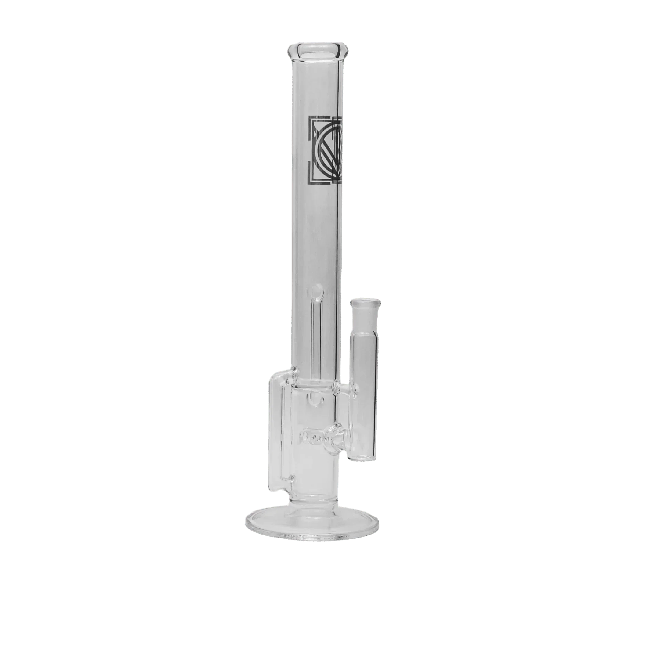 Clear glass water pipe with geometric logo, straight neck and cylindrical percolator