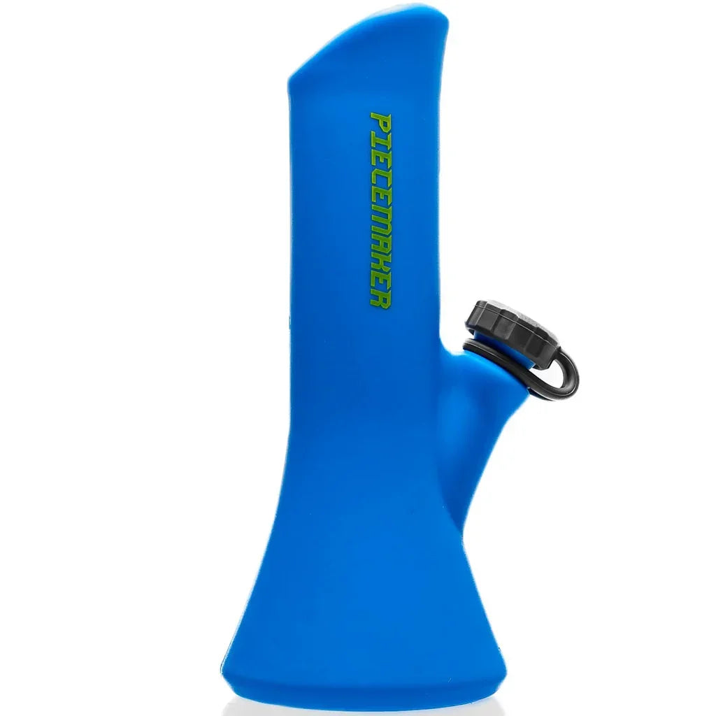 Blue silicone travel bong with black cap and Piecemaker logo on side