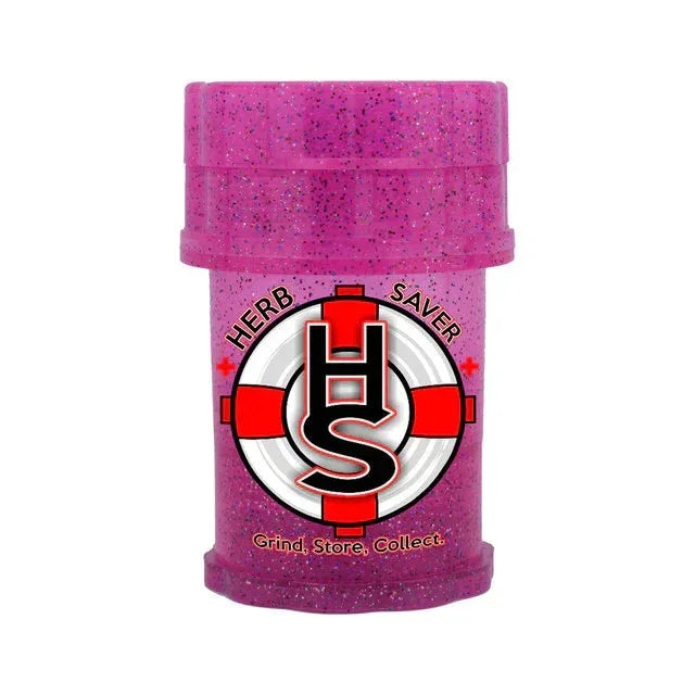 Pink glitter Herb Saver storage grinder container with logo and text Grind, Store, Collect.
