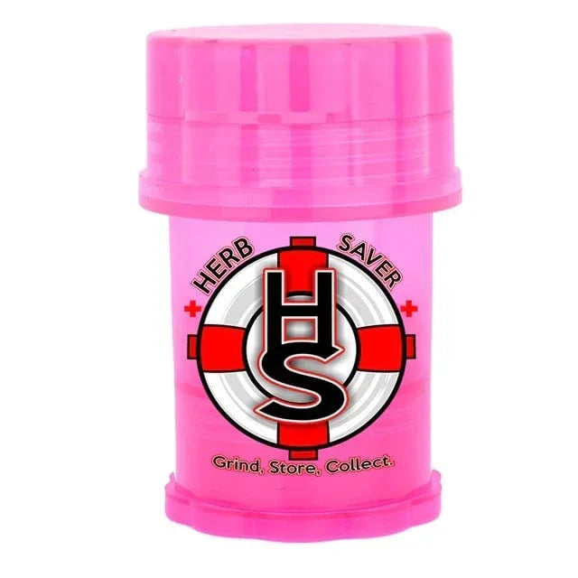 Pink Herb Saver plastic herb grinder and storage container with logo and text Grind, Store, Collect.