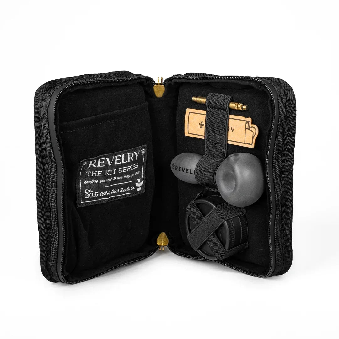 Black zippered portable smoking kit case with accessories and rolling papers inside