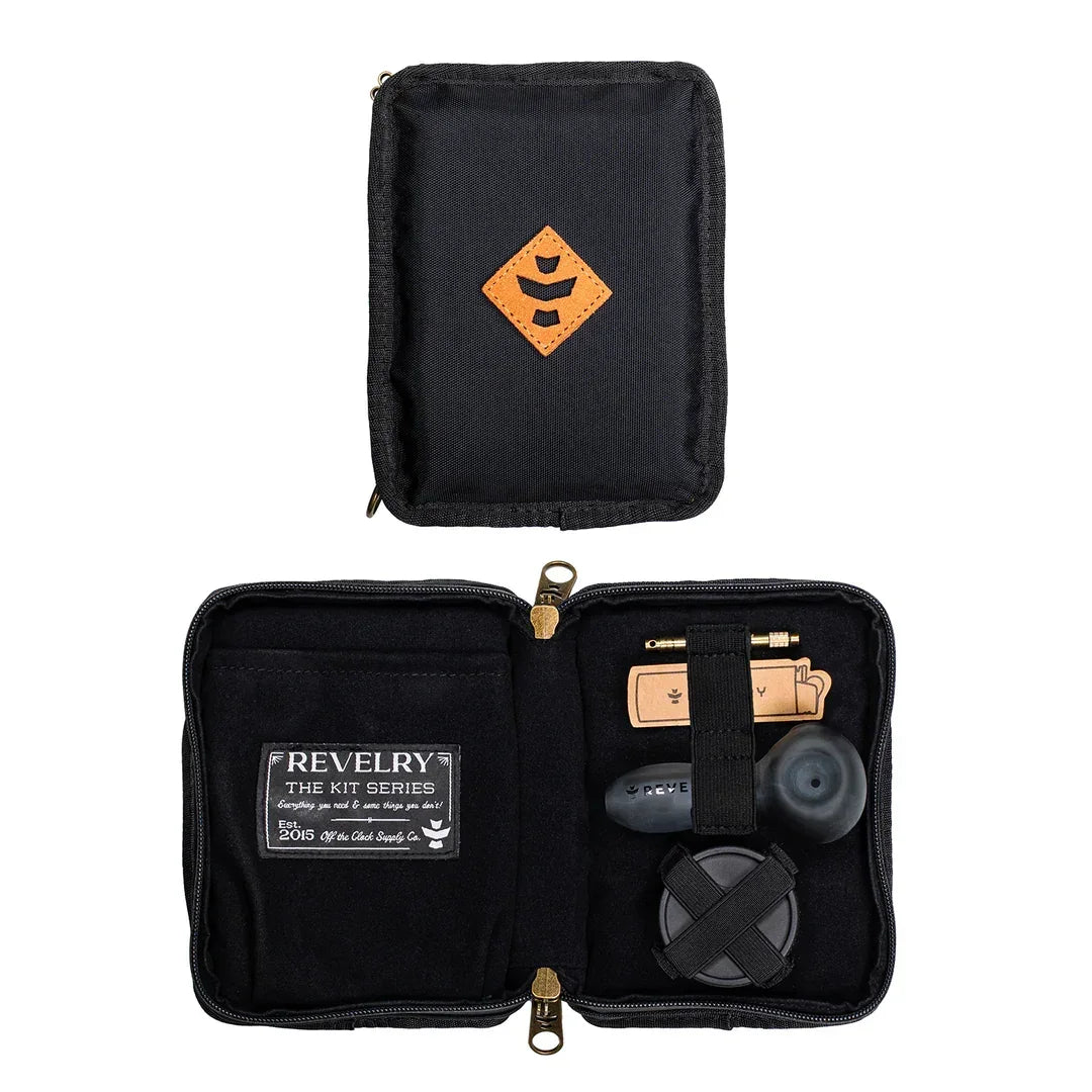 Black portable smoking kit case open to show pipe, accessory tools, and storage pockets