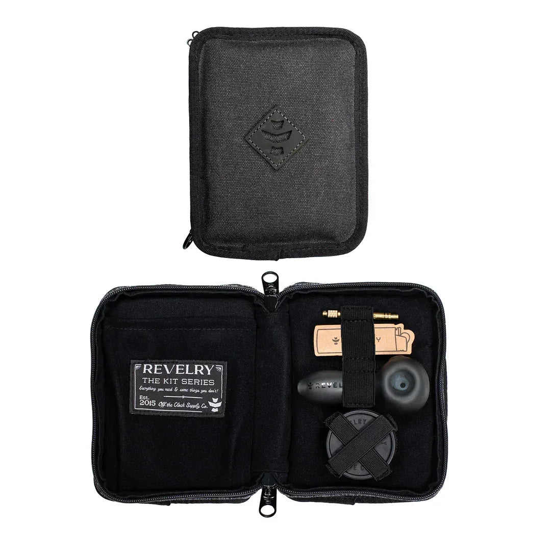 Black odor-proof travel smoking kit with pipe and accessories in compact zippered case
