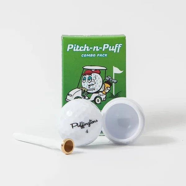 Pitch-n-Puff combo pack with golf ball-shaped container and bat pipe for smoking accessories