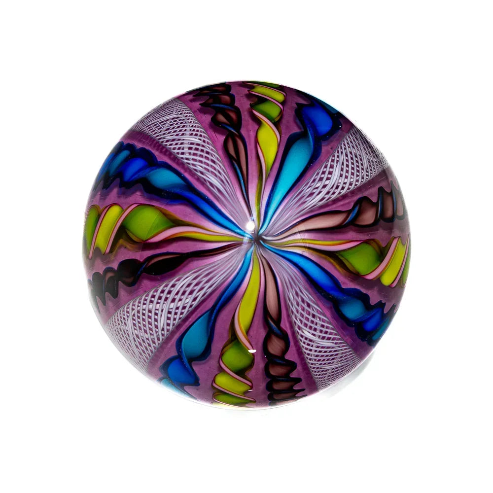 Colorful marbled glass orb with pink, blue, green, and yellow swirling patterns