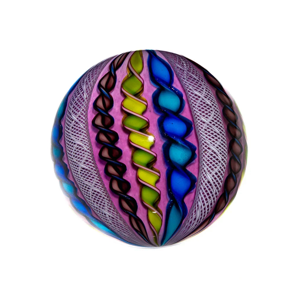 Handcrafted glass marble with pink base and colorful twisted patterns, heady glass art.
