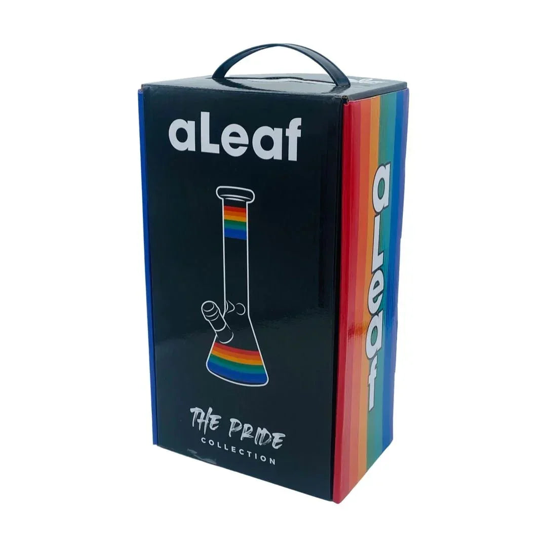 aLeaf Pride Collection beaker box with rainbow stripes and glass bong illustration