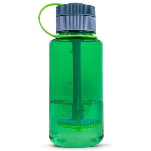 Green portable water bottle with hidden smoking pipe and gray lid, discreet design