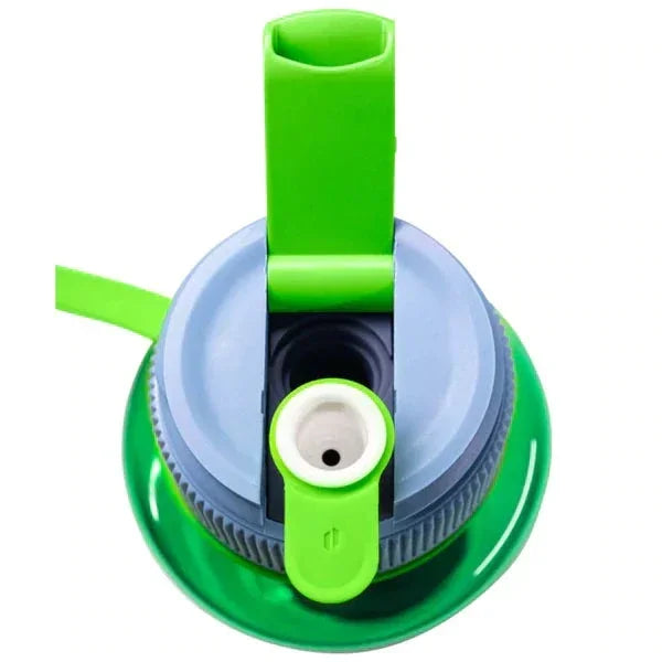 Top view of green and grey water bottle pipe with flip cap open, showing ceramic bowl.