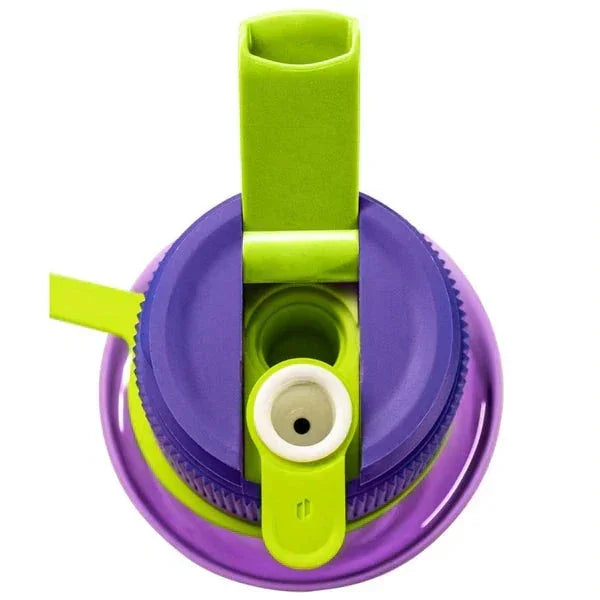 Top view of a colorful purple and green water bottle with a built-in pipe attachment