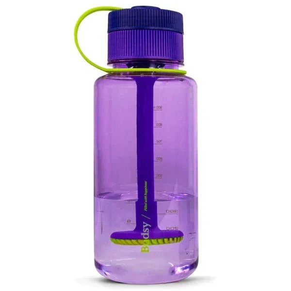 Purple Budsy water bottle-style portable water pipe with neon green accents
