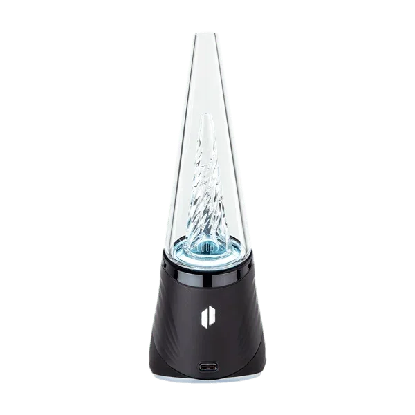 sleek onyx electronic vaporizer with clear glass cone top and spiral percolator design