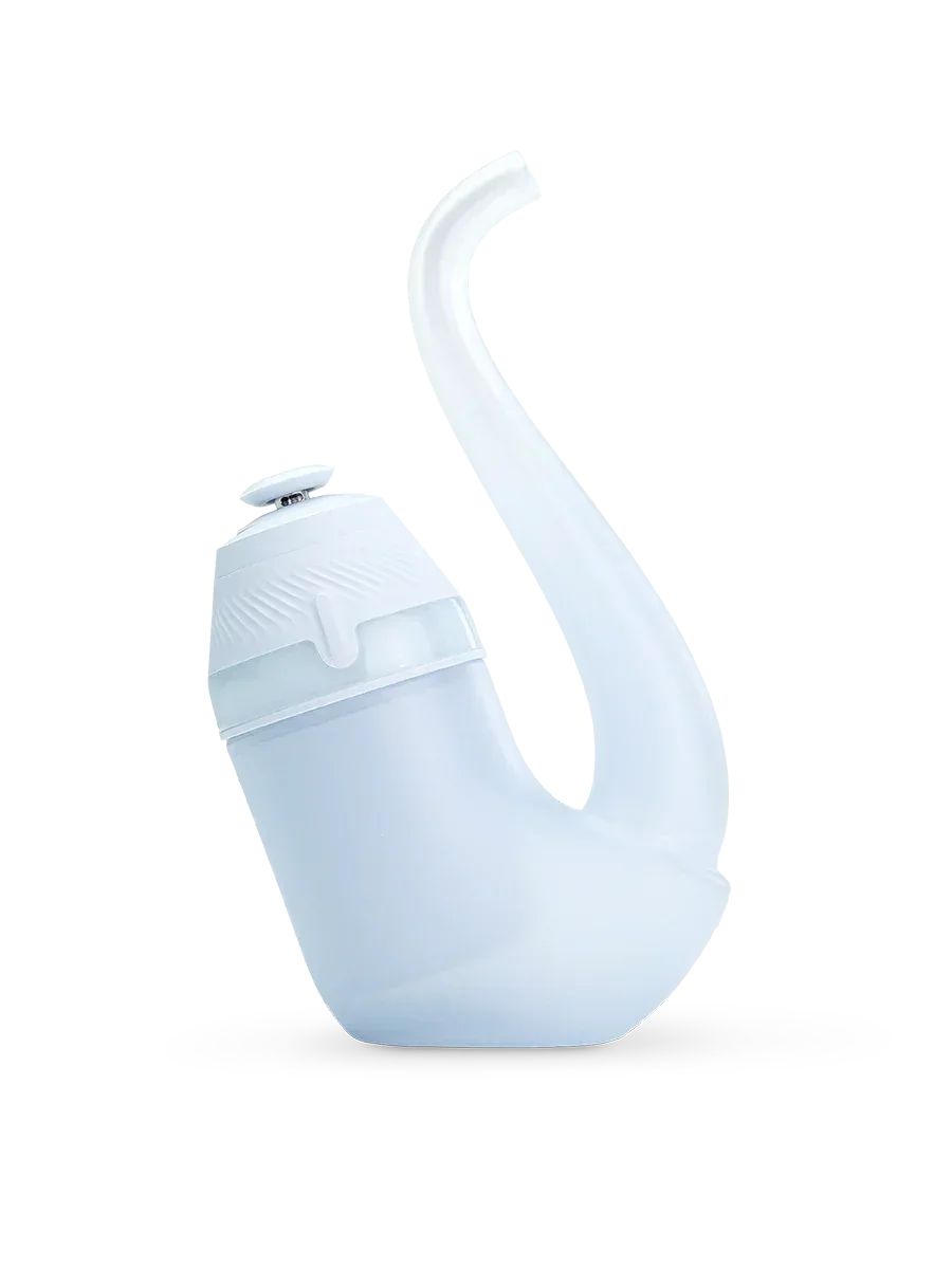 Modern glass vaporizer with curved stem and frosted white finish on white background