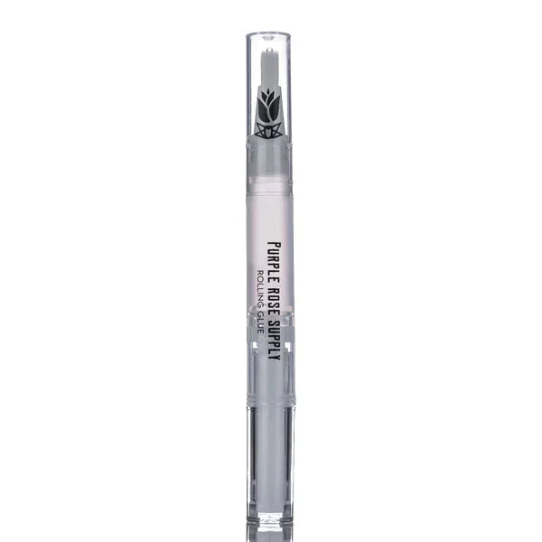 Clear tube of Purple Rose Supply rolling glue with brush applicator, upright on white background
