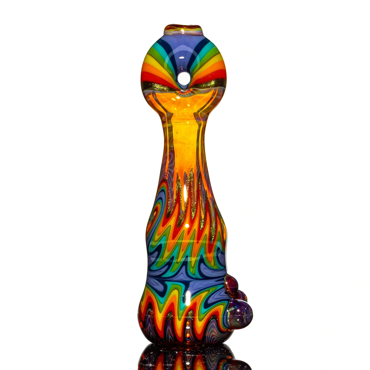 Hand-blown glass Amber Purple & Rainbow Wig Wag Onie by Puzzler Glass