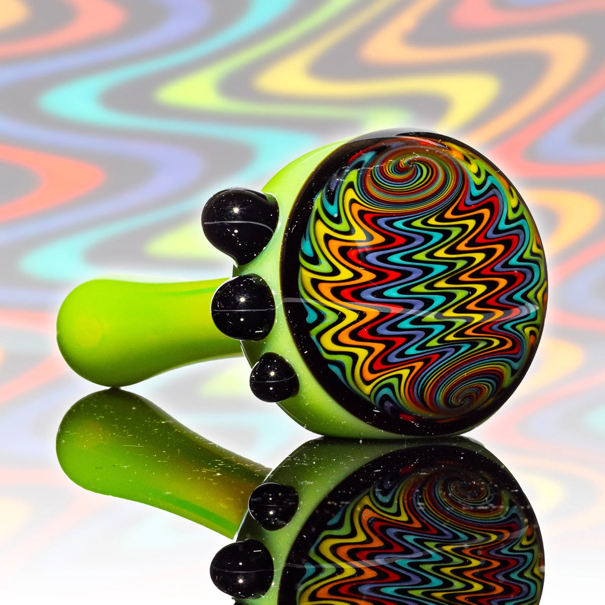 Hand-blown glass Green & Rainbow Wig Wag Cap Spoon by Puzzler Glass