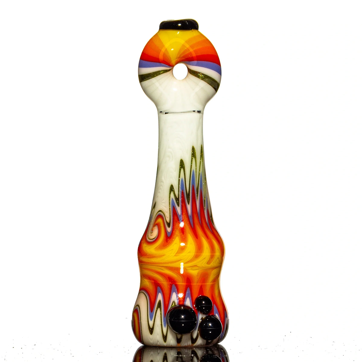 Hand-blown glass White & Fire Wig Wag Onie by Puzzler Glass