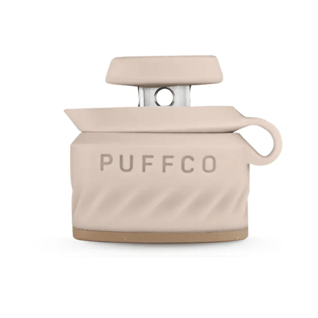 Puffco beige silicone dab container with lid, minimalist smoke shop accessory