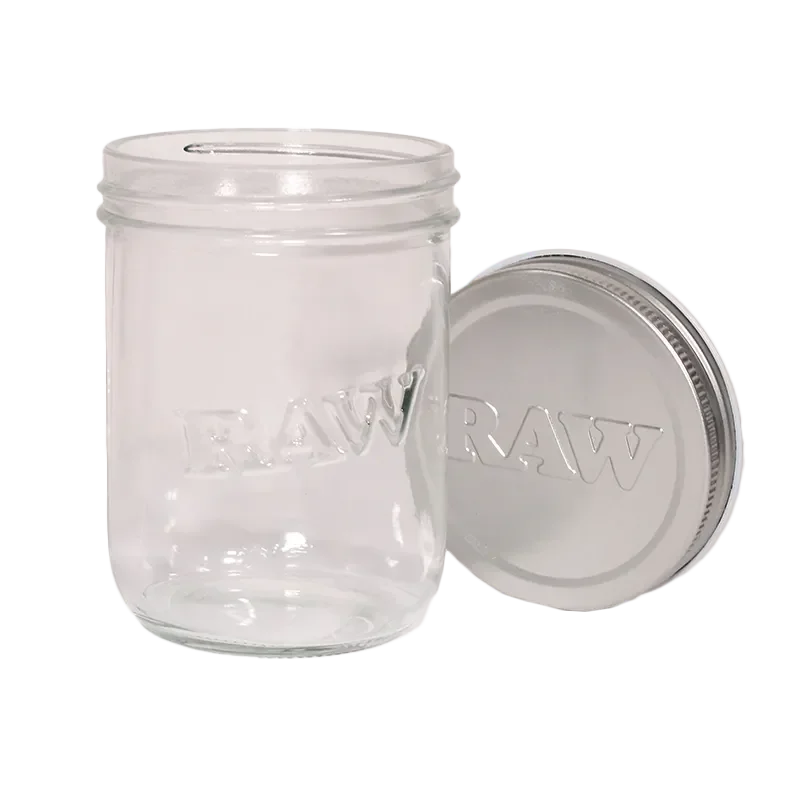 Clear RAW glass storage jar with metal lid for herbs and accessories