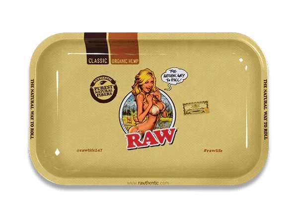 Small RAW rolling tray featuring a retro-style cartoon woman and organic hemp branding.