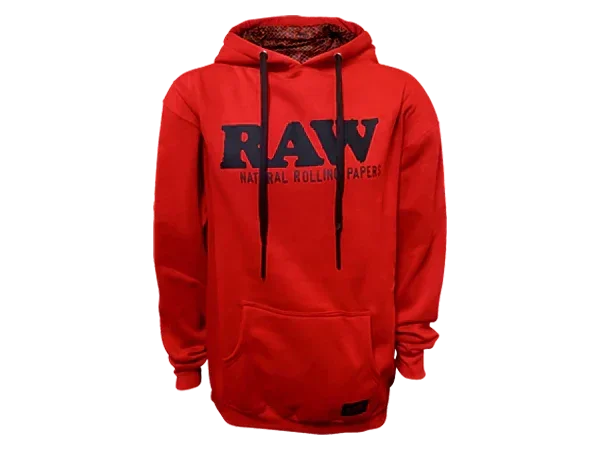 Red RAW pullover hoodie with front pocket and black drawstrings, bold logo on chest