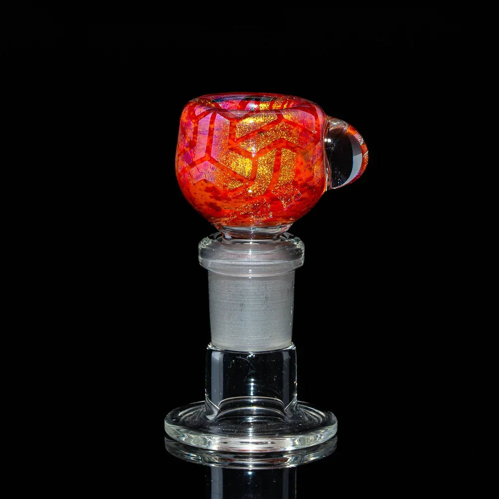 Hand-blown orange glass bowl slide with gold geometric pattern for water pipes