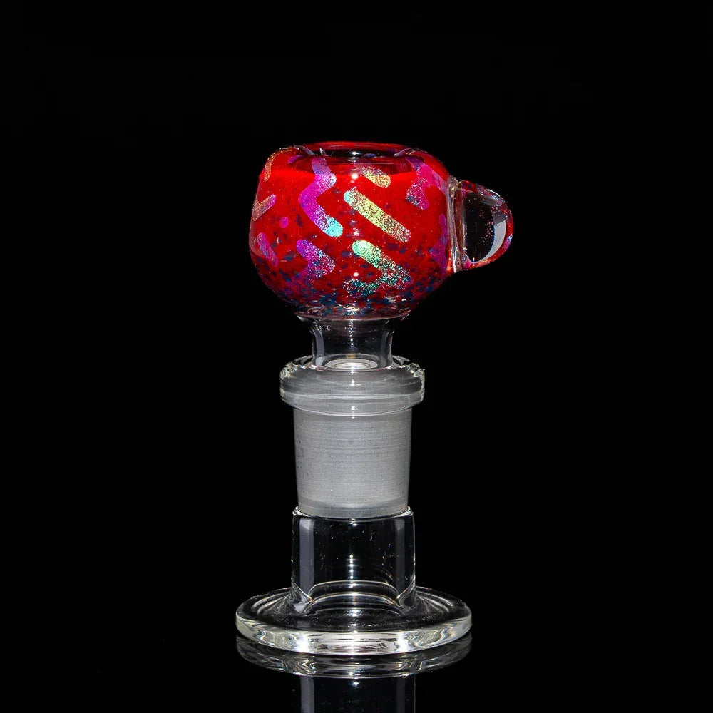 14mm glass slide bowl with red and blue squiggle design on clear base, black background