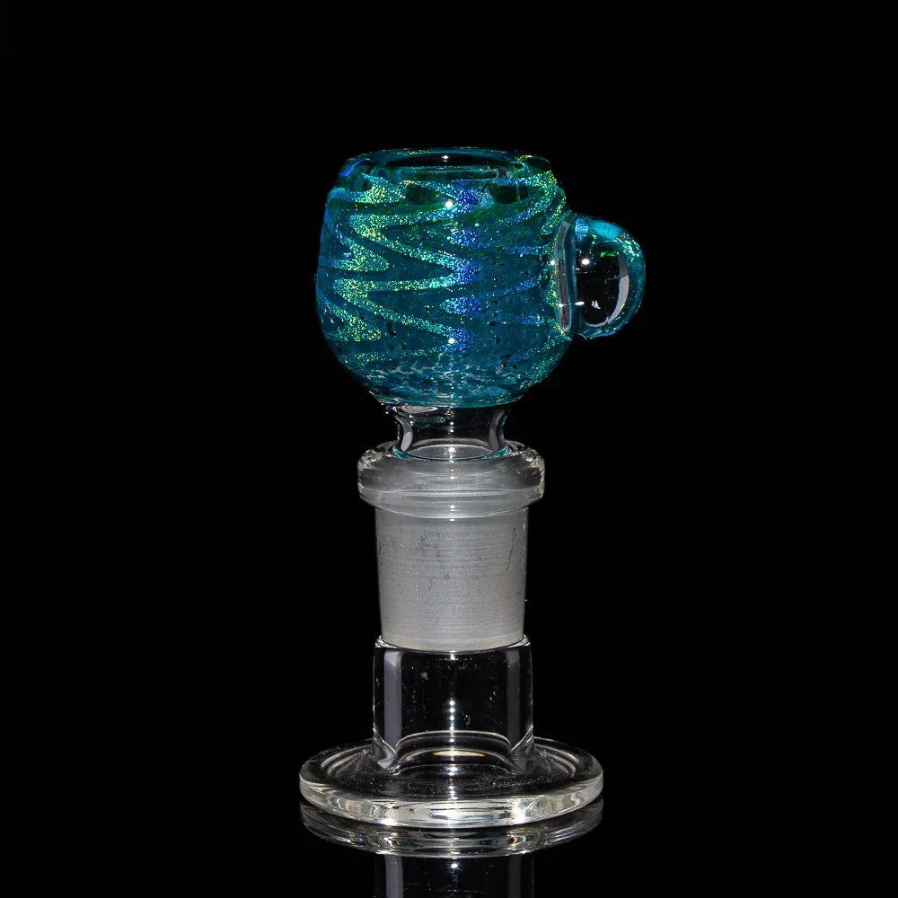 14mm glass slide bowl with teal zig-zag design, shimmering pattern, clear handle