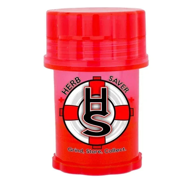 Red plastic Herb Saver grinder container with logo and text 'Grind, Store, Collect.'