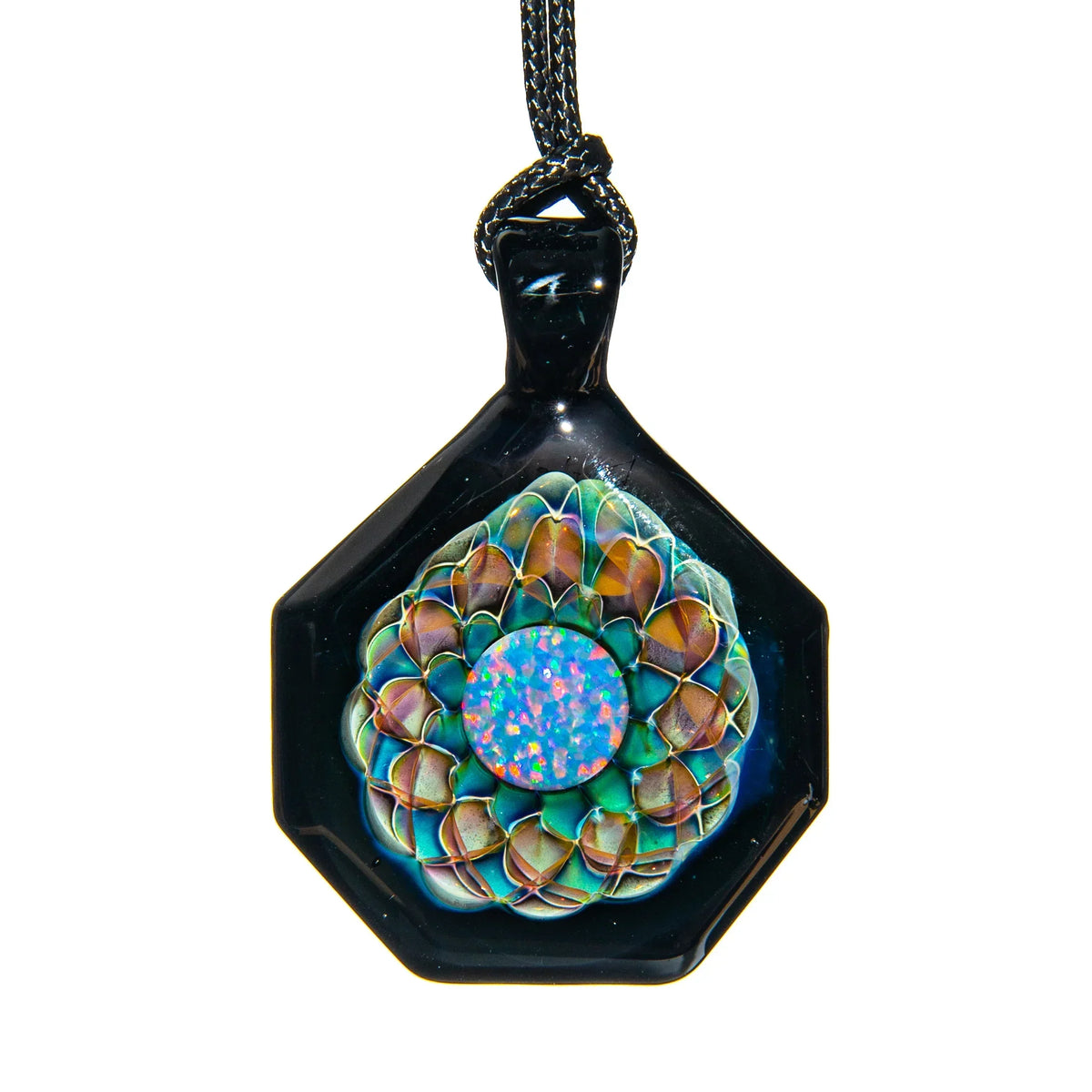 Octagon coldworked glass pendant with colorful opal design and intricate details