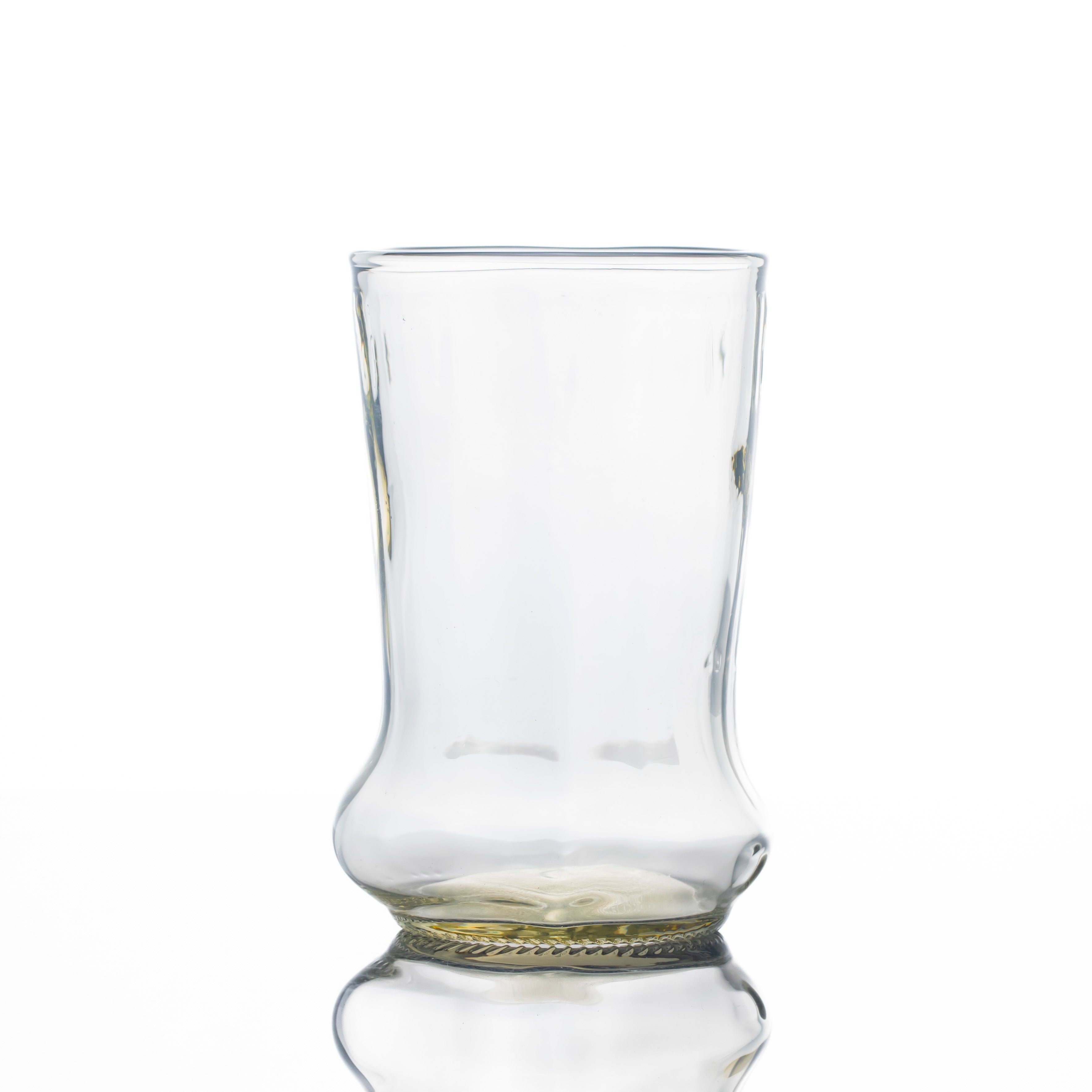 Handblown glass cup shaped like a classic soda bottle with clear, curved design